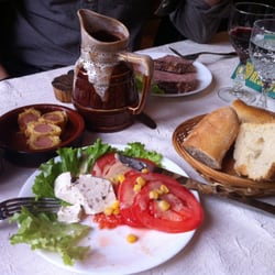 L'Auberge Rouge - The appetizers/entrées - for him a terrine of sanglier, for her a light salad.