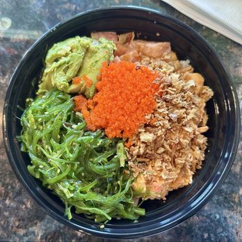 Hawaiian Poke - Large bowl with two salmon, one octopus, and one scallop; toppings: seaweed salad, avocado, masago, and fried garlic - Poke Near Me - Dublin, California Hawaiian Poke - Large bowl with two salmon, one octopus, and one scallop; toppings: seaweed salad, avocado, masago, and fried garlic - Poke Near Me - Dublin, California