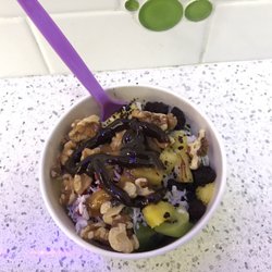 MyFroYo - No sugar added cheesecake & raspberry swirl w loads of fresh fruit & a little naughty sauce on top. Hehehehe
