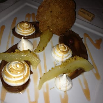 Rioja - Poached pears, with soft and hard meringues, chocolate and honey. Excellent! - New American Near Me - Denver, Colorado Rioja - Poached pears, with soft and hard meringues, chocolate and honey. Excellent! - New American Near Me - Denver, Colorado
