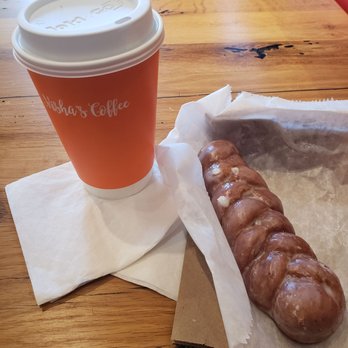 Misha's Coffee - Route 66 house dark blend and glazed twisted donut - Coffee & Tea Near Me - Alexandria, Virginia Misha's Coffee - Route 66 house dark blend and glazed twisted donut - Coffee & Tea Near Me - Alexandria, Virginia