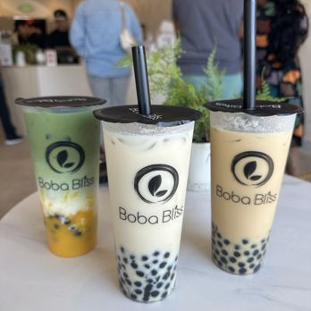 Boba Bliss - Left to Right: Mango Matcha Latte w/ Boba, Jasmine Milk Tea w/ Boba, Royal King Oolong Milk Tea w/ Boba - Bubble Tea Near Me - Castro Valley, California Boba Bliss - Left to Right: Mango Matcha Latte w/ Boba, Jasmine Milk Tea w/ Boba, Royal King Oolong Milk Tea w/ Boba - Bubble Tea Near Me - Castro Valley, California