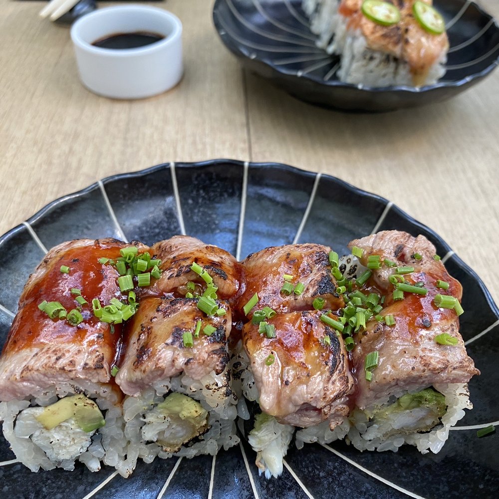 Sushi Lab Rooftop - Washugyu Beef ($21 specialty roll) and Seared Salmon ($20 specialty roll) - Japanese Near Me - New York, New York