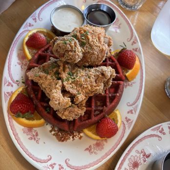 Plain Jane - Chicken & Red Velvet Waffles w/ Butterscotch sauce - Breakfast & Brunch Near Me - San Francisco, California