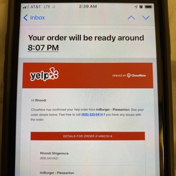 iniBurger - Gourmet Burgers - Chow Now and Yelp order says my order is ready 1 hour 15 minutes after my order, uselessness - Burgers Near Me - Pleasanton, California iniBurger - Gourmet Burgers - Chow Now and Yelp order says my order is ready 1 hour 15 minutes after my order, uselessness - Burgers Near Me - Pleasanton, California