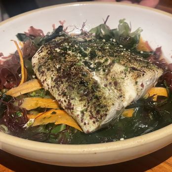 Coast Kitchen - Seaweed Crusted Halibut with mushroom broth and mixed seaweed - Seafood Near Me - Jenner, California Coast Kitchen - Seaweed Crusted Halibut with mushroom broth and mixed seaweed - Seafood Near Me - Jenner, California