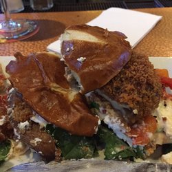 Kelseys Original Roadhouse - This is a portobello burger (baked and then deep fried) on a pretzel bun with goat cheese, spinach and red peppers