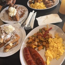 French toast, beef sausage, potatoes, eggs
