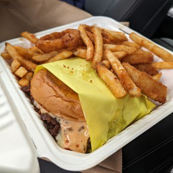 Eat Crispy Burger Encinitas - 1/2 fries and onion rings, OG double - Burgers Near Me - Encinitas, California