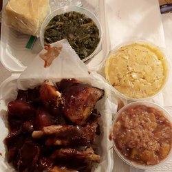 Brenda's Oh Taste And See It's Good - BBQ Combo meal, 3 meats, Greens, Mac n Cheese, Cobbler (free), and Cornbread.