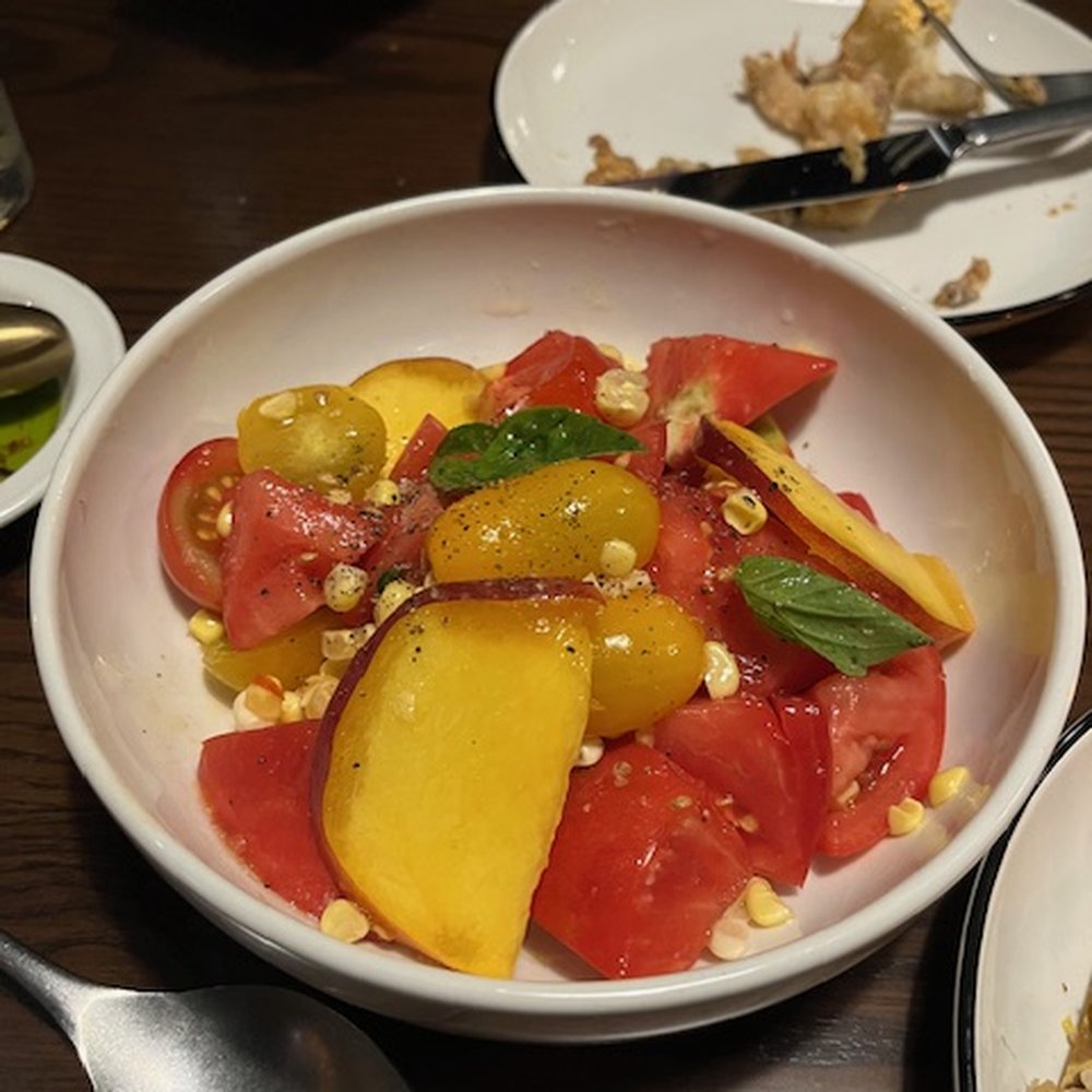 Mano A Mano - Fresh Local, and in season, Summer Tomatoes, Peaches and Sweet Corn Salad. Perfectly ripe. - Italian Near Me - Chicago, Illinois Mano A Mano - Fresh Local, and in season, Summer Tomatoes, Peaches and Sweet Corn Salad. Perfectly ripe. - Italian Near Me - Chicago, Illinois