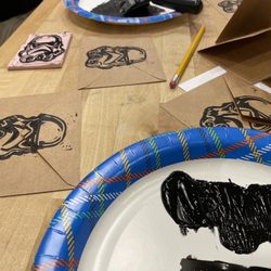 Made In ALX - Sketched, transferred the sketch to the block, carved out the design, rolled on the ink and stamped our art into cards and envelopes.