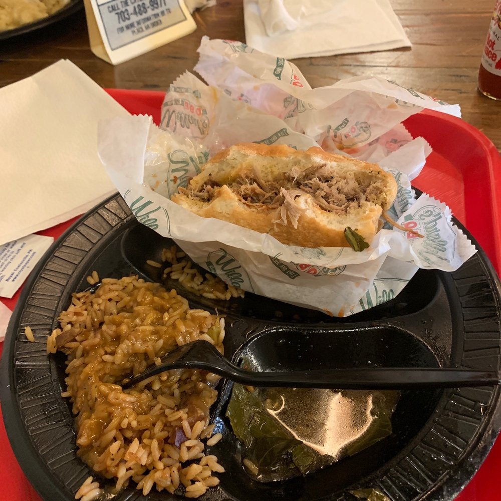 Willards Real Pit BBQ - Pulled pork sandwich with collard greens and dirty rice. - Barbeque Near Me - Reston, Virginia Willards Real Pit BBQ - Pulled pork sandwich with collard greens and dirty rice. - Barbeque Near Me - Reston, Virginia