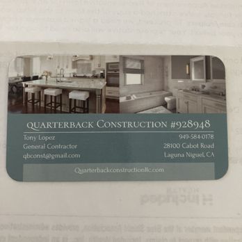 Quarterback Construction - Tony Lopez's business card - General Contractors Near Me - Laguna Niguel, California Quarterback Construction - Tony Lopez's business card - General Contractors Near Me - Laguna Niguel, California
