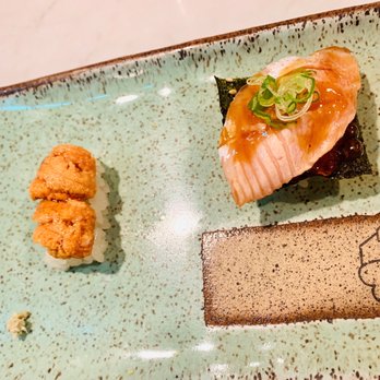 Cafe Sushi Shoten - Maine sea urchin (uni), Salmon belly on a bed of salmon roe (the best pieces of the night) - Japanese Near Me - Cambridge, Massachusetts Cafe Sushi Shoten - Maine sea urchin (uni), Salmon belly on a bed of salmon roe (the best pieces of the night) - Japanese Near Me - Cambridge, Massachusetts