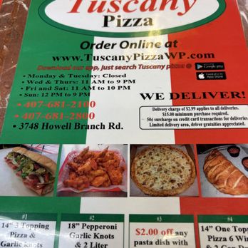 Tuscany Pizza - a menu for a pizza order - Pizza Near Me - Winter Park, Florida