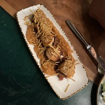Board And You - Scallops with a sweet potato purse and bacon topped with fried potato sticks. - Wine Bars Near Me - New Albany, Indiana Board And You - Scallops with a sweet potato purse and bacon topped with fried potato sticks. - Wine Bars Near Me - New Albany, Indiana