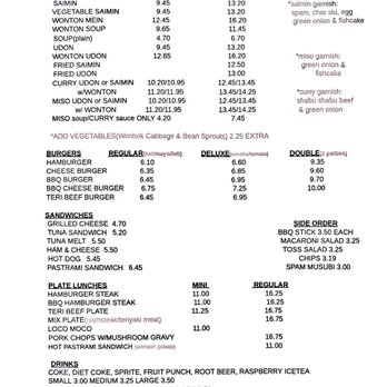 Shige's Saimin Stand - Menu as of Sept 29, 2026 - Japanese Near Me - Wahiawa, Hawaii