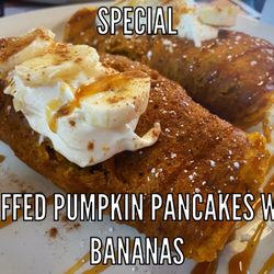 Kresgeville Eatery & Bar - Fall special ~ cream cheese stuffed pumpkin pancakes with Carmel drizzle and banana