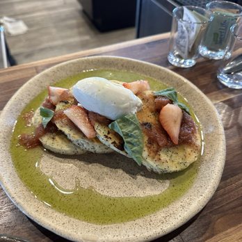 Esther's Kitchen - Lemon poppy seed pancakes w strawberry jam and basil honey with marscapone. - Italian Near Me - Las Vegas, Nevada