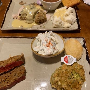 Back Home Restaurant - Top: Turkey and Dressing, pinto beans, and mashed potatoes   Bottom: meatloaf, potato salad, and broccoli casserole - Comfort Food Near Me - Elizabethtown, Kentucky