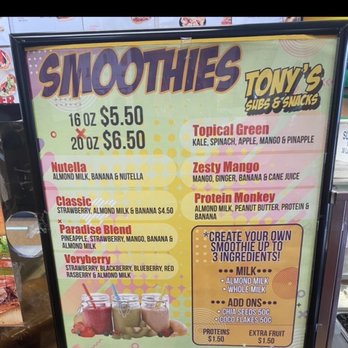 Tony's Subs & Snacks - "Smoothies Selection" Pretty Good - Salad Near Me - Irvington, New Jersey Tony's Subs & Snacks - "Smoothies Selection" Pretty Good - Salad Near Me - Irvington, New Jersey