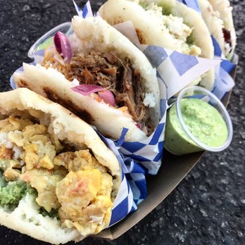 Sus Arepas - Scrambled Eggs (Perico); Pulled Pork(Rumbera); Chicken Salad (La Reina); Beans and Plantains (Original) IG: dineoutdiaries - Food Trucks Near Me - Los Angeles, California Sus Arepas - Scrambled Eggs (Perico); Pulled Pork(Rumbera); Chicken Salad (La Reina); Beans and Plantains (Original) IG: dineoutdiaries - Food Trucks Near Me - Los Angeles, California