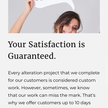 Alterations Express - Warrendale - Satisfaction guaranteed? - A woman is holding a speech bubble with the handwritten message, "The work is guaranteed," in front of a plain background, promoting customer satisfaction and guarantee services. - Sewing & Alterations Near Me - Warrendale, Pennsylvania