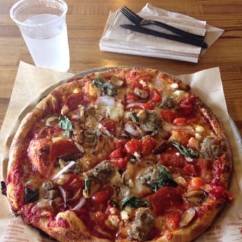 Blaze Pizza - Mozzarella, goat cheese, pepperoni, meatball, red onion, roasted garlic, tomato, basil & spicy sauce. - Salad Near Me - Torrance, California Blaze Pizza - Mozzarella, goat cheese, pepperoni, meatball, red onion, roasted garlic, tomato, basil & spicy sauce. - Salad Near Me - Torrance, California