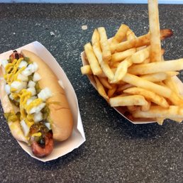dog w/ mustard, relish, onion plus fries... dog w/ mustard, relish, onion plus fries...