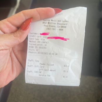 Topline Nails and Lashes - Confusing ass receipt that makes no sense - Nail Salons Near Me - Pico Rivera, California