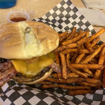 Local Bigger Burger - Bigger burger, bacon cheddar, with sweet potato fries - Burgers Near Me - Seattle, Washington