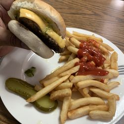 Westcliffe Diner - Cheeseburger and fries with a pickle spear $8.50