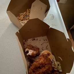 Bland Fried chicken and over salted zaatar fries, with two bland dipping sauces. Bland Fried chicken and over salted zaatar fries, with two bland dipping sauces.