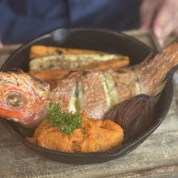 Casa Banana - Whole grilled red snapper with sweet potato purée and grilled zucchini and carrots - Argentine Near Me - Tulum, ROO Casa Banana - Whole grilled red snapper with sweet potato purée and grilled zucchini and carrots - Argentine Near Me - Tulum, ROO