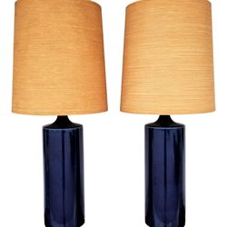 Palm Beach Home Furnishings - Rare Large Lotte and Gunnar Bostlund Cobalt Blue Cylindrical Ceramic Table With the Original Fiberglass Shades - a Pair