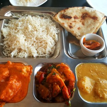 Tulsi - Seafood lunch thali with scallop coconut (bit sweet but very satisfying). Salmon curry so good. 4yr old loved shrimp dish (middle)! - Indian Near Me - Richmond, Virginia Tulsi - Seafood lunch thali with scallop coconut (bit sweet but very satisfying). Salmon curry so good. 4yr old loved shrimp dish (middle)! - Indian Near Me - Richmond, Virginia