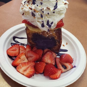 Button Up Cafe - Ube French Toast with Whipped Cream and Strawberries for toppings. - Breakfast & Brunch Near Me - Pearl City, Hawaii Button Up Cafe - Ube French Toast with Whipped Cream and Strawberries for toppings. - Breakfast & Brunch Near Me - Pearl City, Hawaii