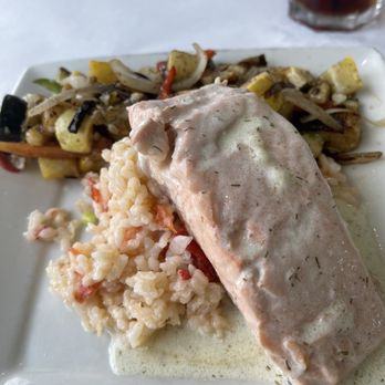 Coastal Kitchen - fresh salmon in a creamy dill/lemon sauce with cheesy risotto, with a lovely roasted squash and onion side dish. - Seafood Near Me - Saint Simons Island, Georgia