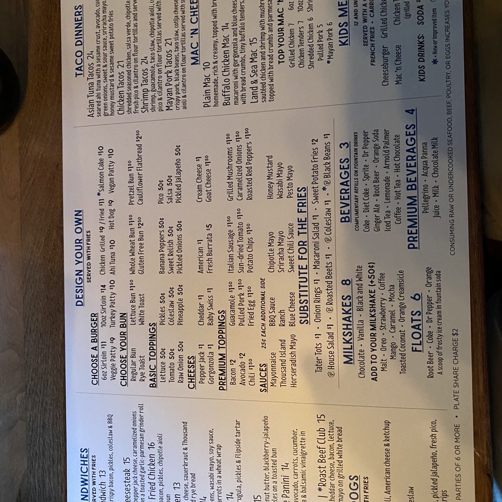 Flipside Burgers & Bar - Back of menu. (They also have a separate dedicated drink menu but I forgot to take a pic of it.) - Burgers Near Me - Fairfield, Connecticut Flipside Burgers & Bar - Back of menu. (They also have a separate dedicated drink menu but I forgot to take a pic of it.) - Burgers Near Me - Fairfield, Connecticut