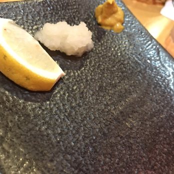 Carp Dori - Plate with daikon, mustard and lemon wedge - Izakaya Near Me - Honolulu, Hawaii