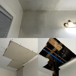 Plasterific Drywall & Taping - Broken pipe caused a lot of damage to this ceiling & wall. 3'x3' on the ceiling with a 8"x 14" section on the wall