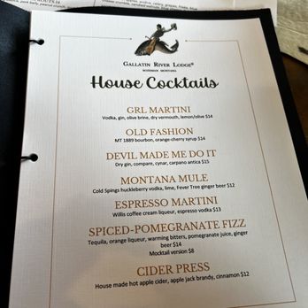 Gallatin River Lodge - Cocktail Menu - Resorts Near Me - Bozeman, Montana