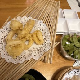 Calamari Tempura was so hard and had no flavor. Edamame had no salt and was not fresh.