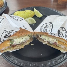 Fried shrimp torta. We prefer grilled shrimp with the torta. Price is a bit higher for grilled shrimp. Fried shrimp torta. We prefer grilled shrimp with the torta. Price is a bit higher for grilled shrimp.