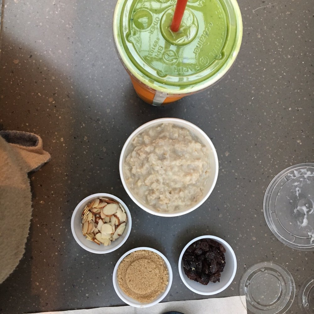 Small oatmeal with brown sugar, toasted almonds, and raisins as toppings. Kale-Spinach smoothie with a yogurt base so good! Small oatmeal with brown sugar, toasted almonds, and raisins as toppings. Kale-Spinach smoothie with a yogurt base so good!