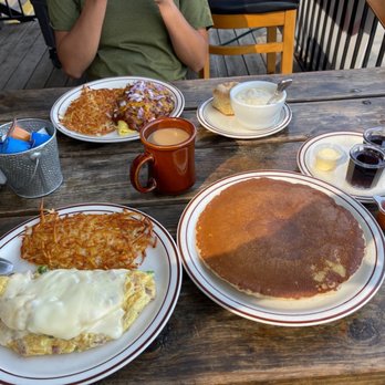 The Runway Cafe - Close: Denver omelette with pancakes Far: chili omelette with biscuits and gravy. - Cafes Near Me - Woodlake, California