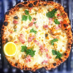 Motorino Pizza - Cherrystone Clam Pizza with Smoked Pancetta and Buffalo Mozzarella.