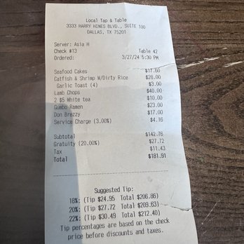 Local Tap & Table - Service Charge and 20% gratuity when it was just two people ??? - Cajun/Creole Near Me - Dallas, Texas