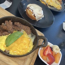 Fried Steak Skillet   Ranchero Huevos Cinnamon roll